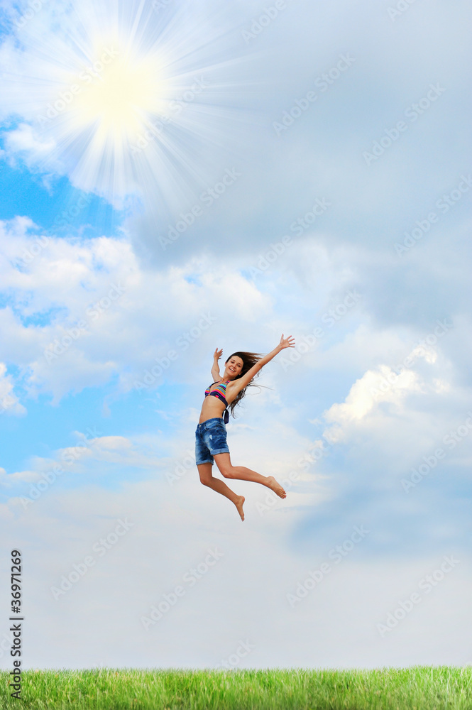 Beautiful Woman over blue Sky