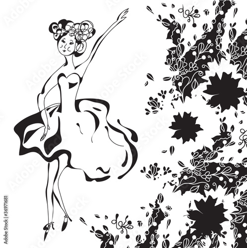 Dancing retro girl card with floral pattern