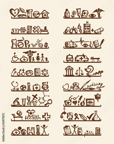 Shelves with medical icons for your design