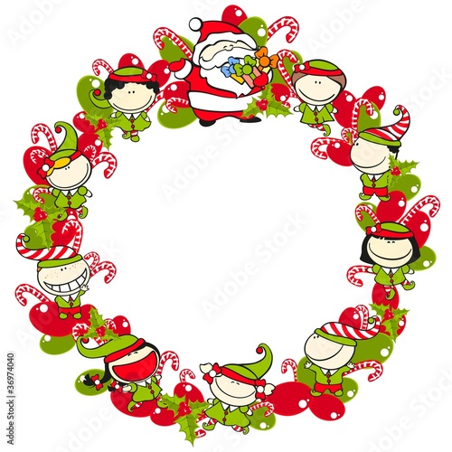 Christmas wreath with elves and Santa Claus