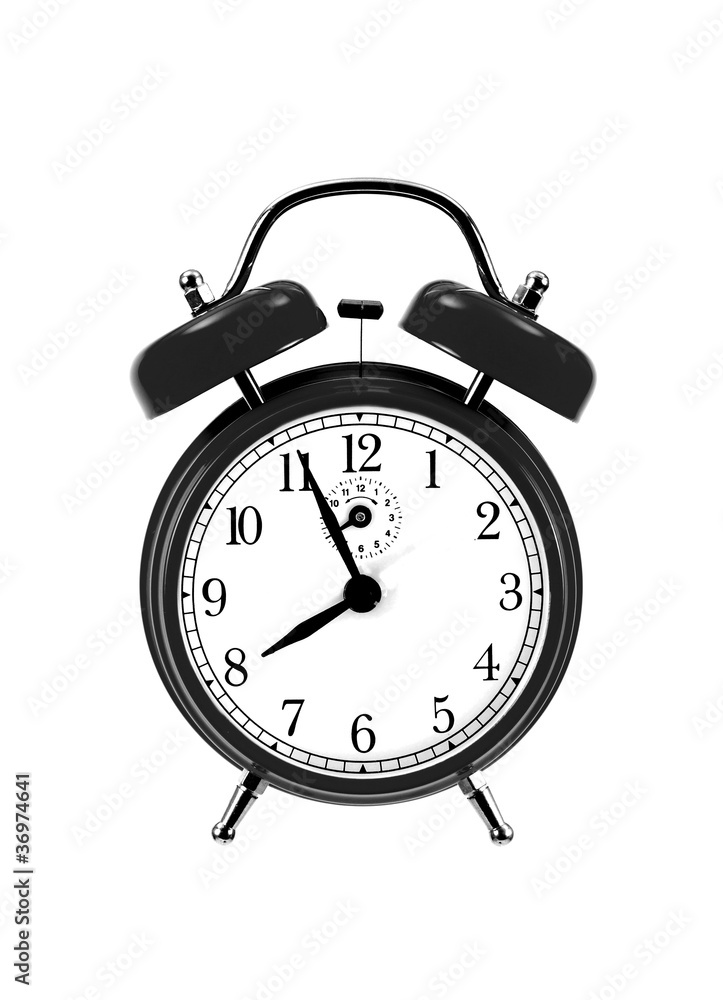 close up of black bell clock (alarm clock) isolated on white bac close up of black bell clock (alarm clock) isolated on white bac