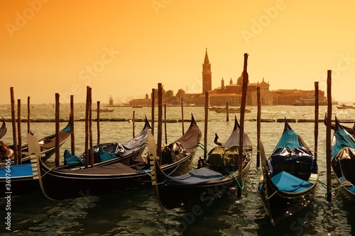 Gondolas against Venice panorama