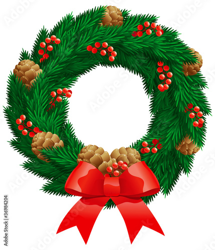 Vector christmas decoration - fir wreath with berries, cones