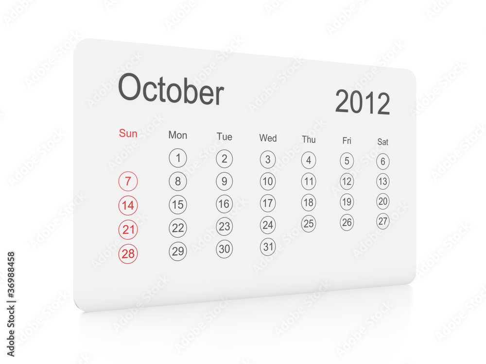 October 2012 simple calendar on a white background October 2012 simple calendar on a white background