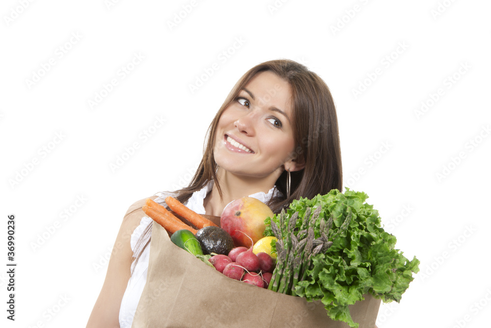 woman with supermarket shopping bag full of groceries woman with supermarket shopping bag full of groceries