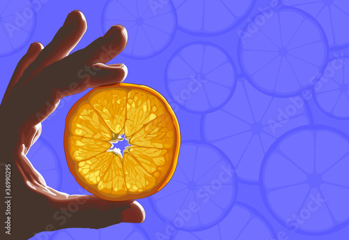 Orange slice in hand against blue citrus shapes