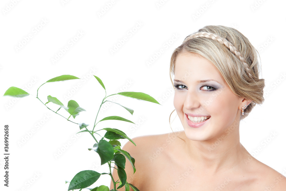 picture of woman with green plant over white picture of woman with green plant over white
