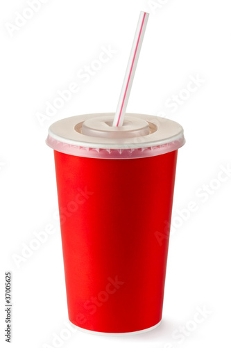 Red disposable cup for beverages with straw