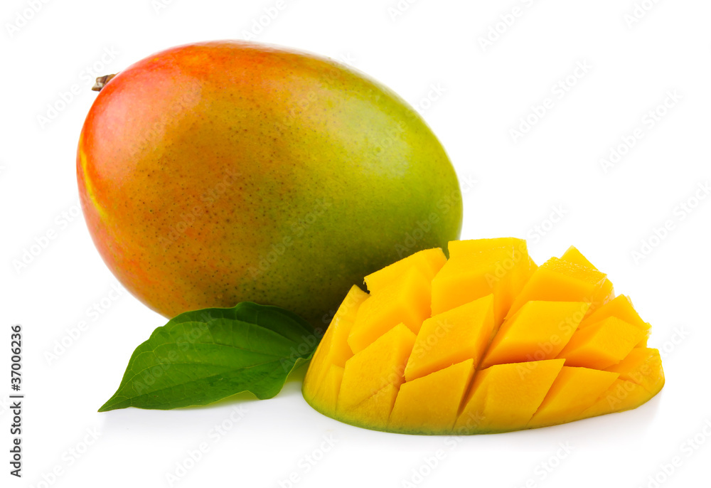 Fresh mango fruit with cut and green leafs isolated Fresh mango fruit with cut and green leafs isolated