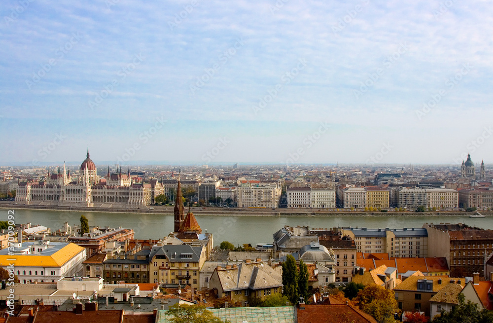 panoramic view of Budapest including river Danube and roofs