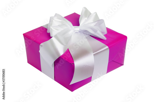 beautiful pink gift with white ribbon isolated on white