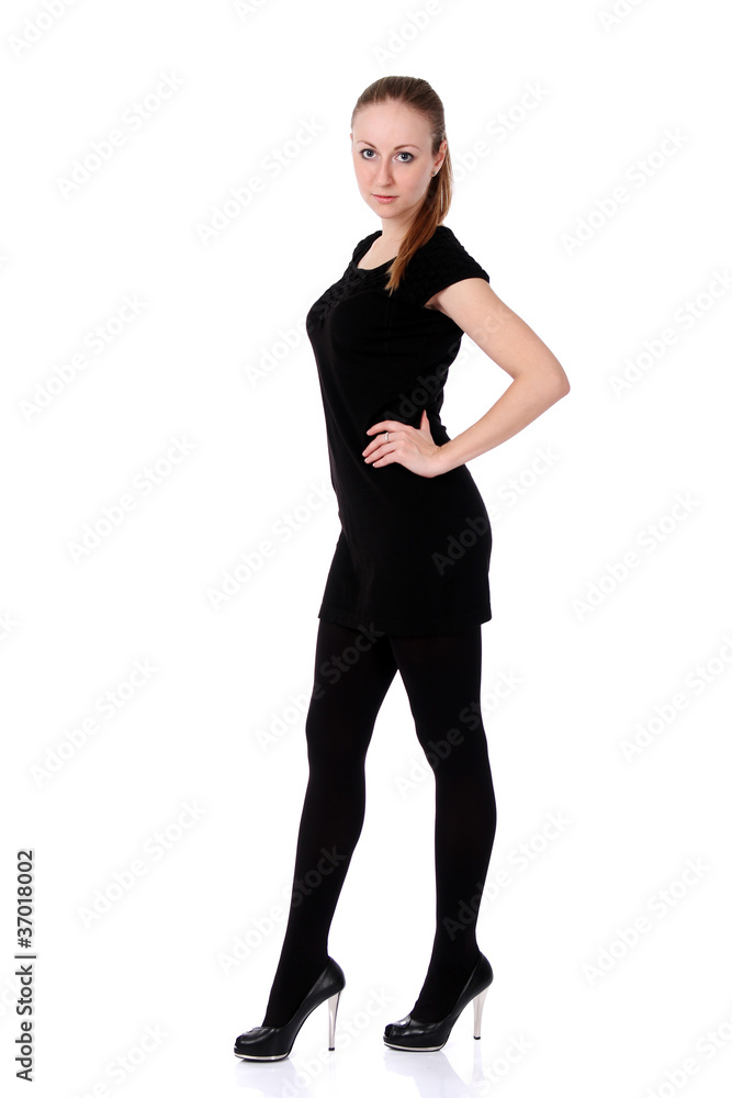young woman in black dress. Isolated over white background. young woman in black dress. Isolated over white background.