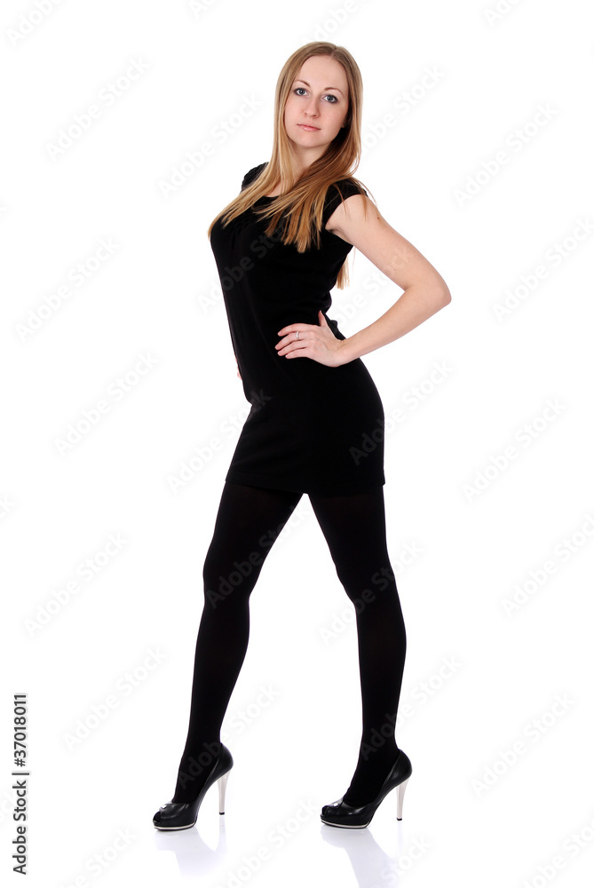 young woman in black dress. Isolated over white background. young woman in black dress. Isolated over white background.