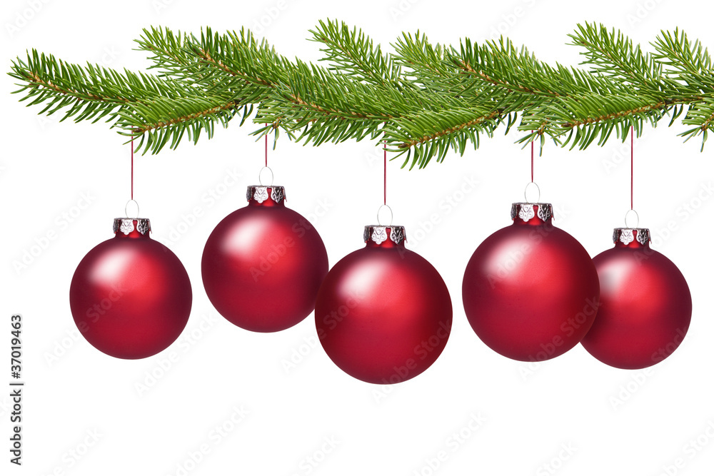 Rote Weihnachtskugeln am Tannenzweig Rote Weihnachtskugeln am Tannenzweig
