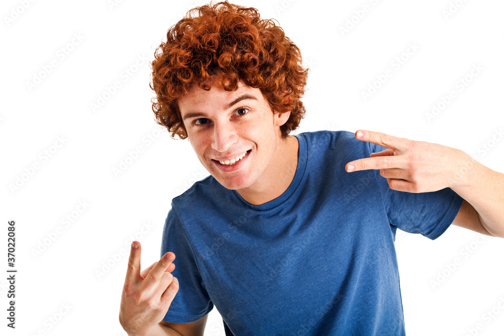 Happy redhead boy isolated on white