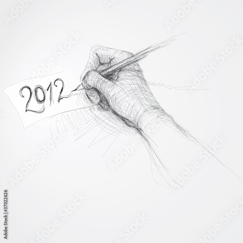 Hand writes “2012” / realistic sketch