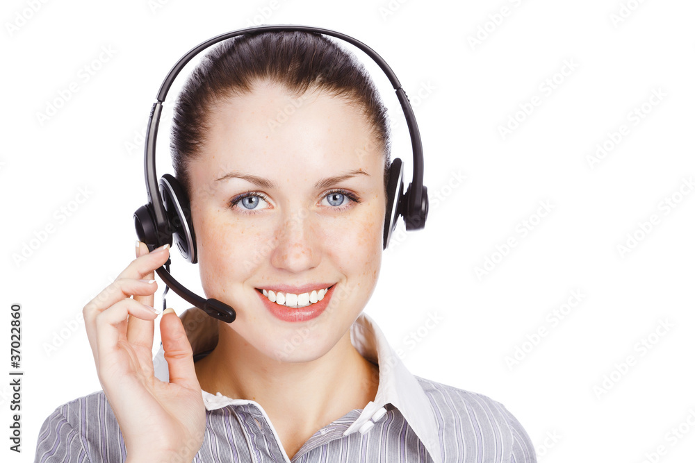 Friendly telephone operator smiling to you Friendly telephone operator smiling to you