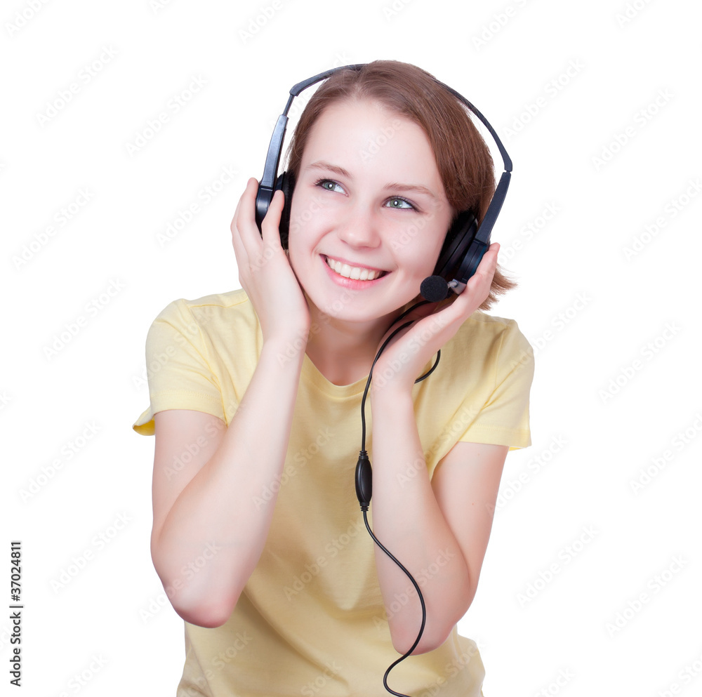Happy young woman wearing headset Happy young woman wearing headset