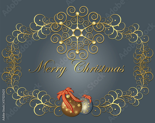 Christmas golden frame with balls. Vector isolated background