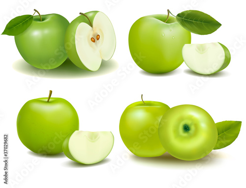 Set of fresh green apples with green leafs. Vector.