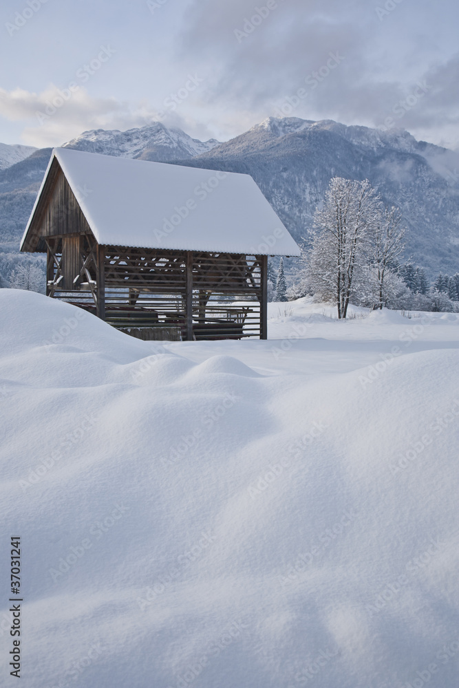 old hut in winter