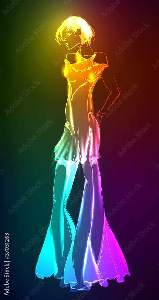 Fototapeta premium Hand-drawn fashion model from a neon. Vector illustration. A lig