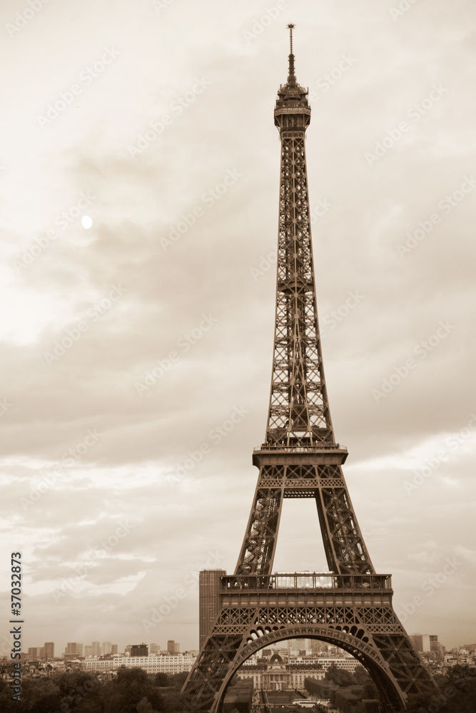 View of sepia toned Eiffel tower in Paris, France