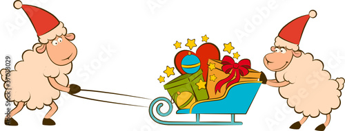 Cartoon funny sheep heaves up sledges with gifts.