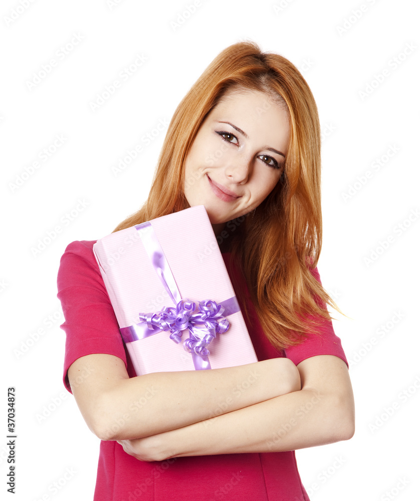 Beautiful red-haired girl with present box Beautiful red-haired girl with present box
