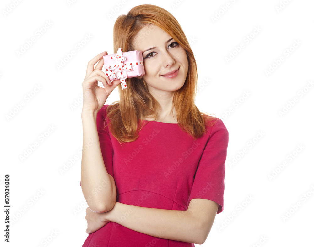 Beautiful red-haired girl with present box Beautiful red-haired girl with present box