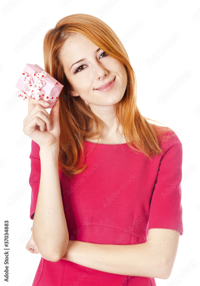 Beautiful red-haired girl with present box Beautiful red-haired girl with present box