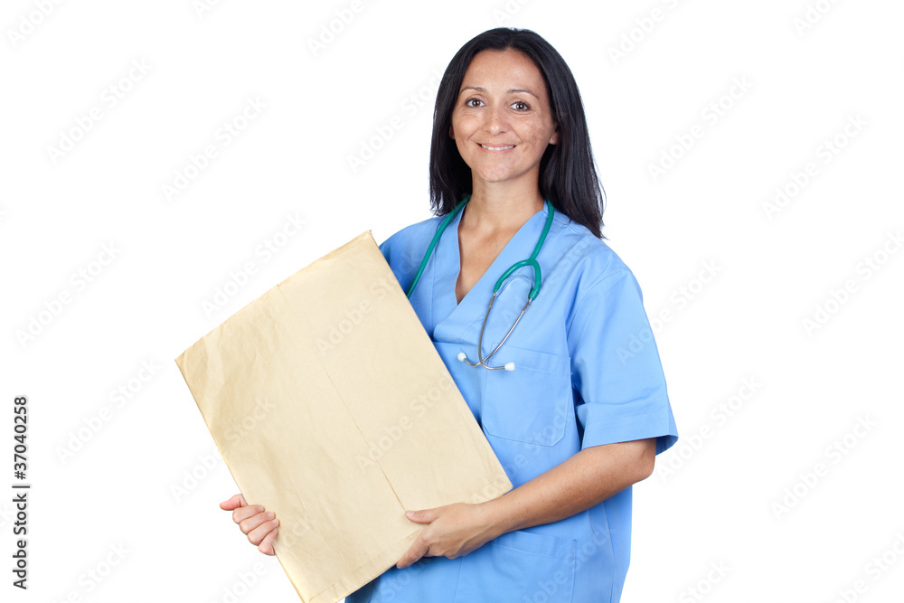 Brunette doctor with a big envelope Brunette doctor with a big envelope