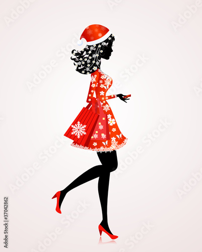 Santa Girl with gifts and shopping