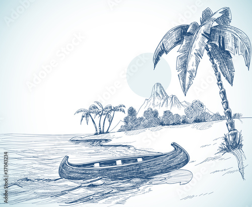Beach sketch with boat on shore