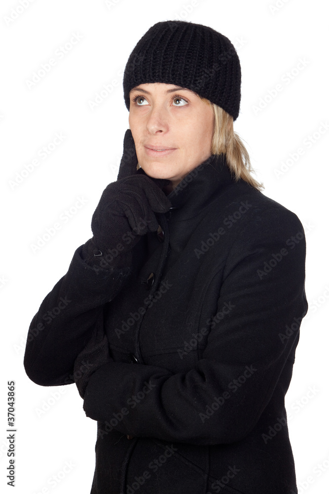 Pensive woman with a black coat Pensive woman with a black coat
