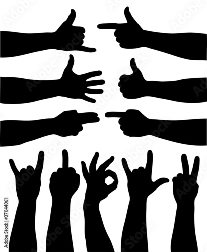 Set of 11  hand gestures on white. Vector illustration