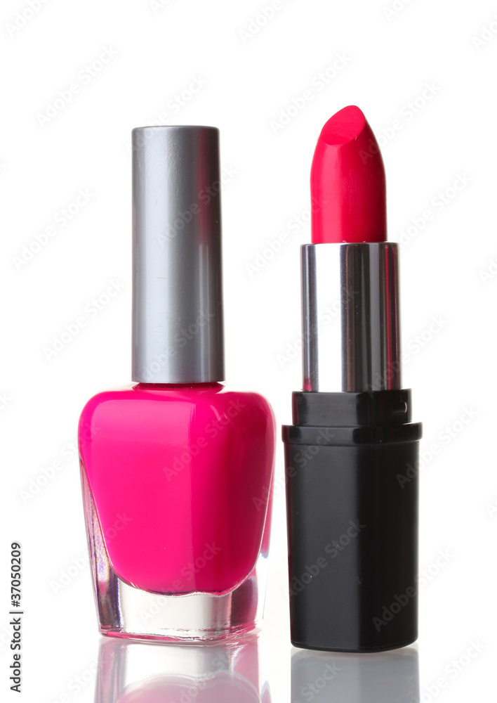Pink lipstick and nail polish isolated on white background Pink lipstick and nail polish isolated on white background