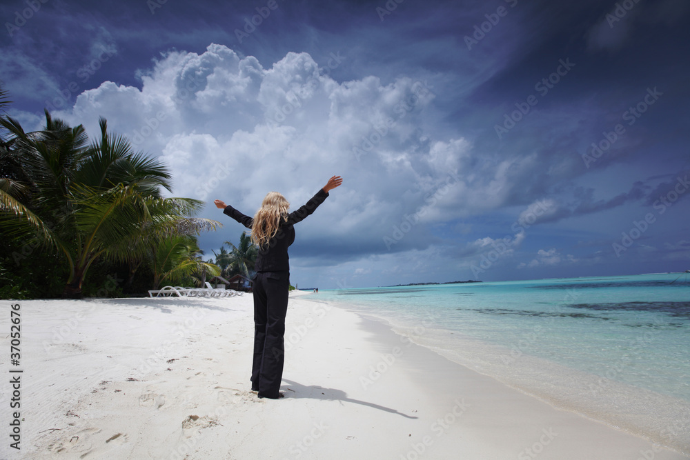 happy business woman on the ocean coast happy business woman on the ocean coast