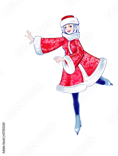 Girl in fur suit on skating rink