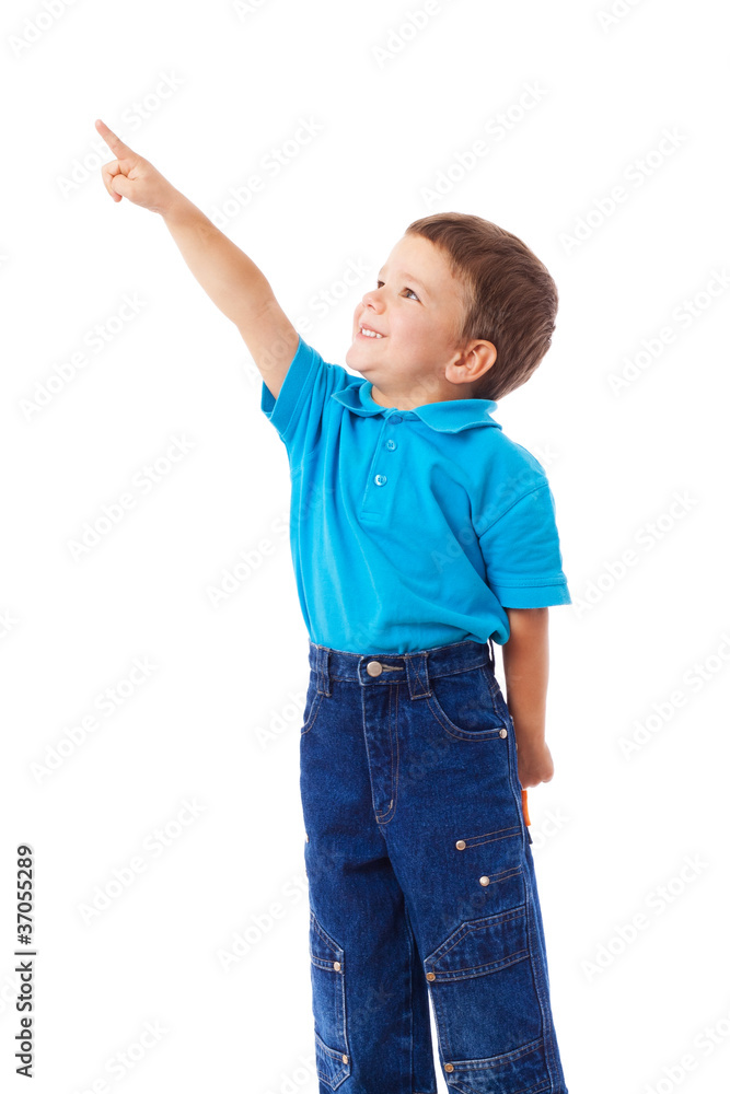 Little boy with empty pointing lifted up hand