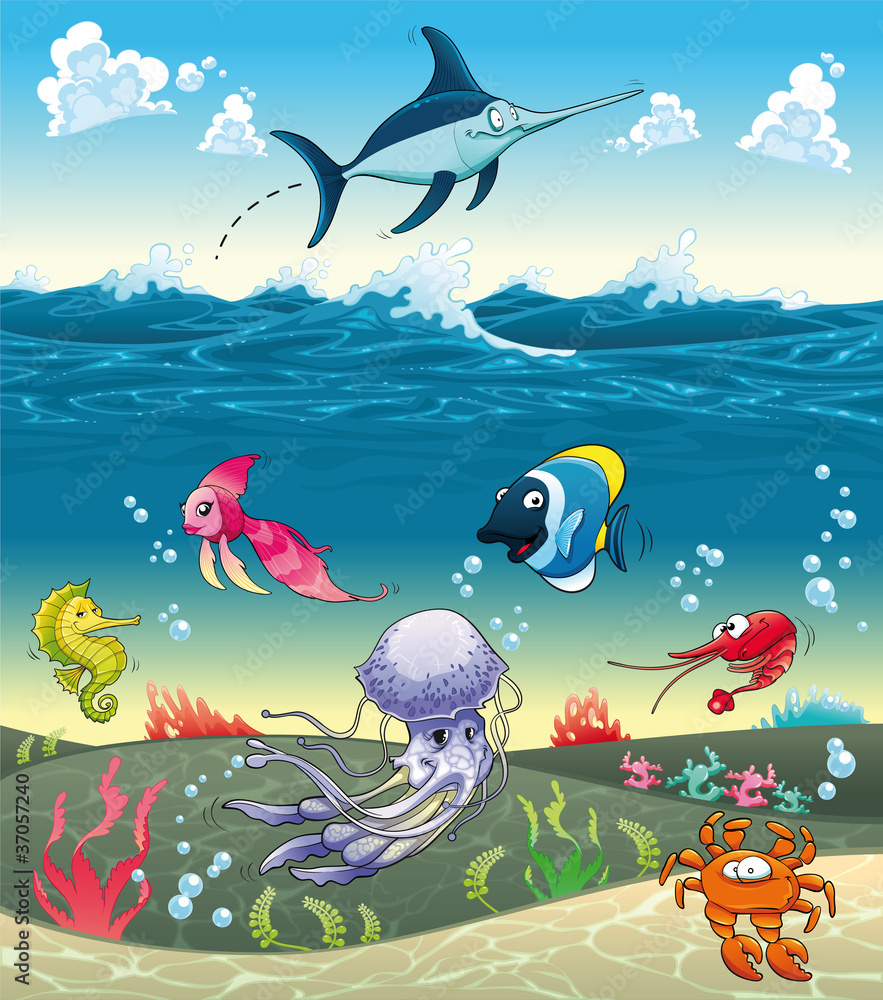 Obraz premium Under the sea with fish and other animals. Vector illustration