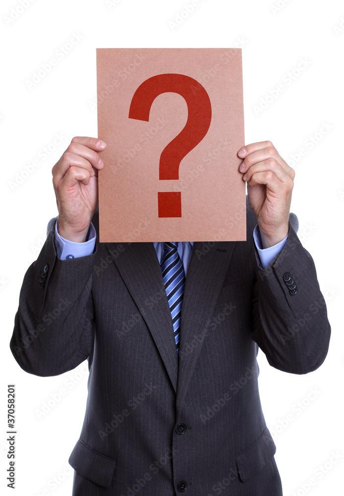 Man covering his face with a question mark sign Man covering his face with a question mark sign