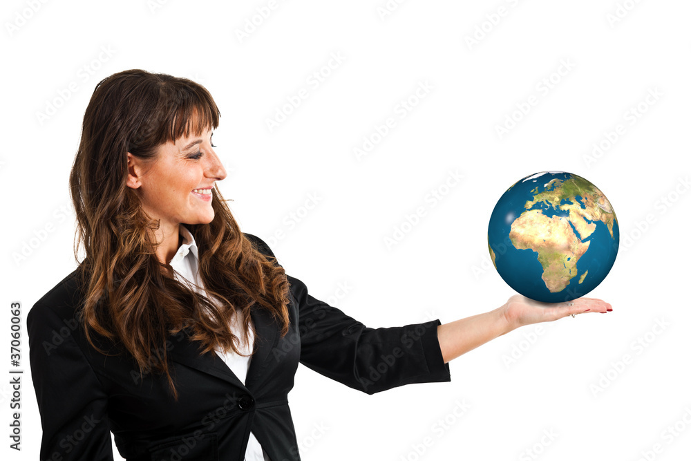 Businesswoman with world in her hand isolated on white Businesswoman with world in her hand isolated on white