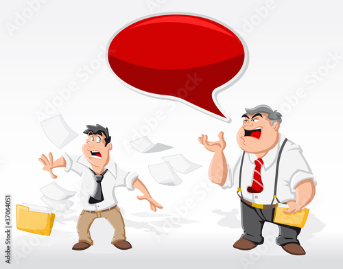 Cartoon man with his angry boss in office