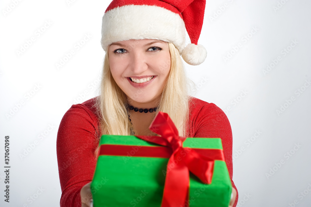 girl with a gift on a blue background girl with a gift on a blue background