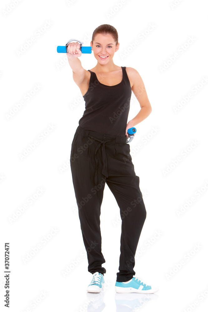 Fitness woman working out with free weights on white Fitness woman working out with free weights on white