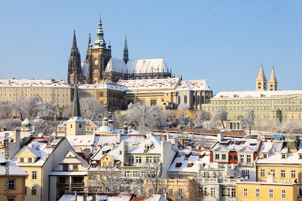 Romantic Snowy Prague gothic Castle, Czech Republic