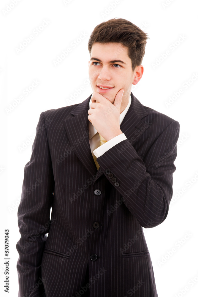 Portrait of handsome young thoughtful businessman isolated over Portrait of handsome young thoughtful businessman isolated over