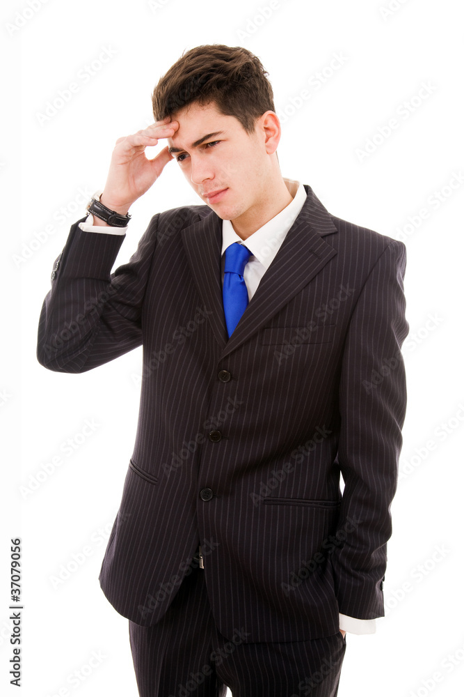 Portrait of a young business man looking depressed over white ba Portrait of a young business man looking depressed over white ba