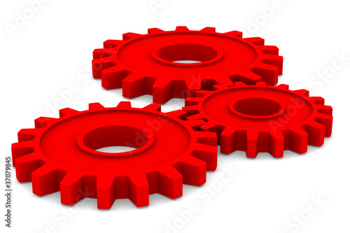 Three red gears on white ba...
